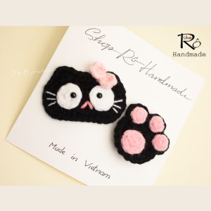 Kẹp tóc mèo đen nơ hồng 6cm và chân mèo 3.5cm cho nữ và bé gái |Cặp tóc mái len ngộ nghĩnh |Shop Rô Handmade