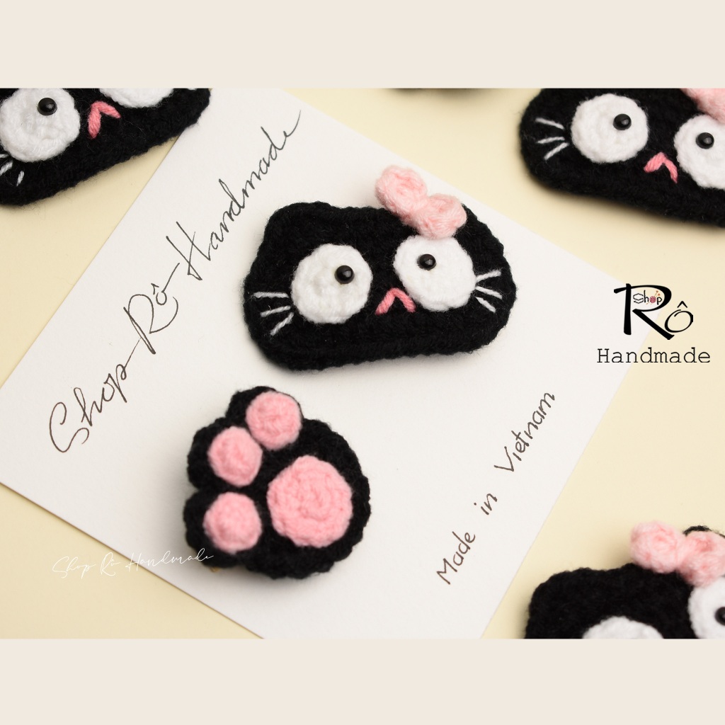 Kẹp tóc mèo đen nơ hồng 6cm và chân mèo 3.5cm cho nữ và bé gái |Cặp tóc mái len ngộ nghĩnh |Shop Rô Handmade - Ảnh 5