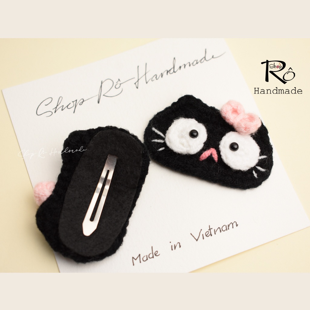 Kẹp tóc mèo đen nơ hồng 6cm và chân mèo 3.5cm cho nữ và bé gái |Cặp tóc mái len ngộ nghĩnh |Shop Rô Handmade - Ảnh 7