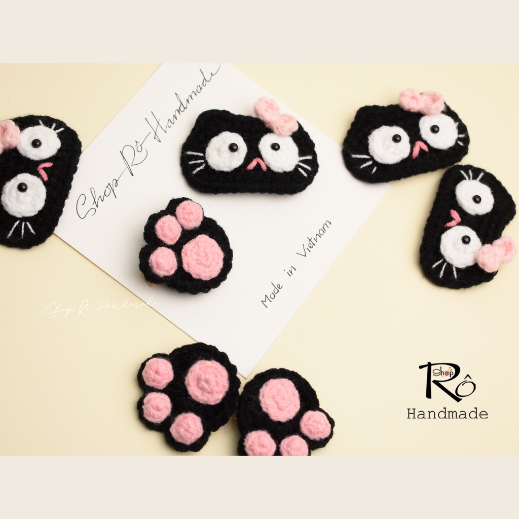 Kẹp tóc mèo đen nơ hồng 6cm và chân mèo 3.5cm cho nữ và bé gái |Cặp tóc mái len ngộ nghĩnh |Shop Rô Handmade - Ảnh 8