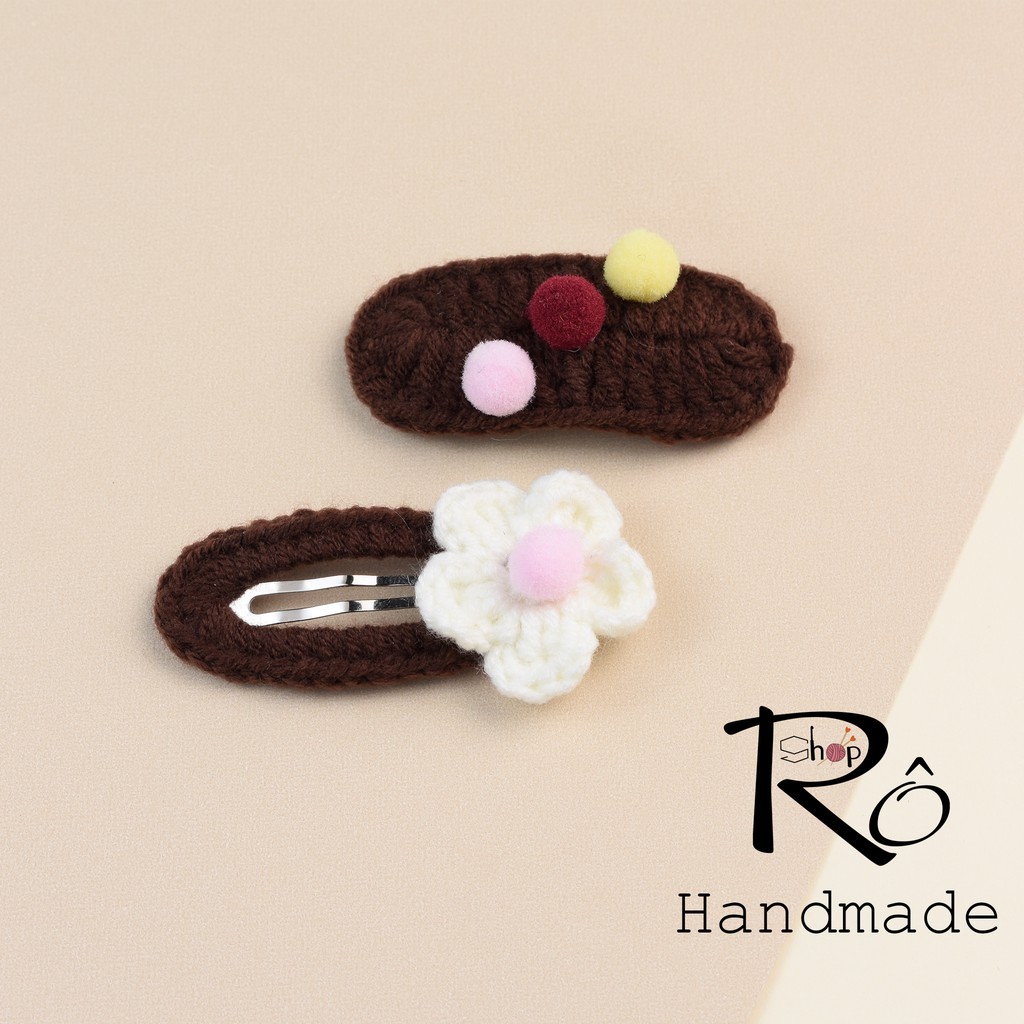 Set 2 kẹp tóc bông hoa nhỏ và pom pom cho nữ và bé gái 5cm |Cặp tóc len xinh xắn |Shop Rô Handmade - Ảnh 2
