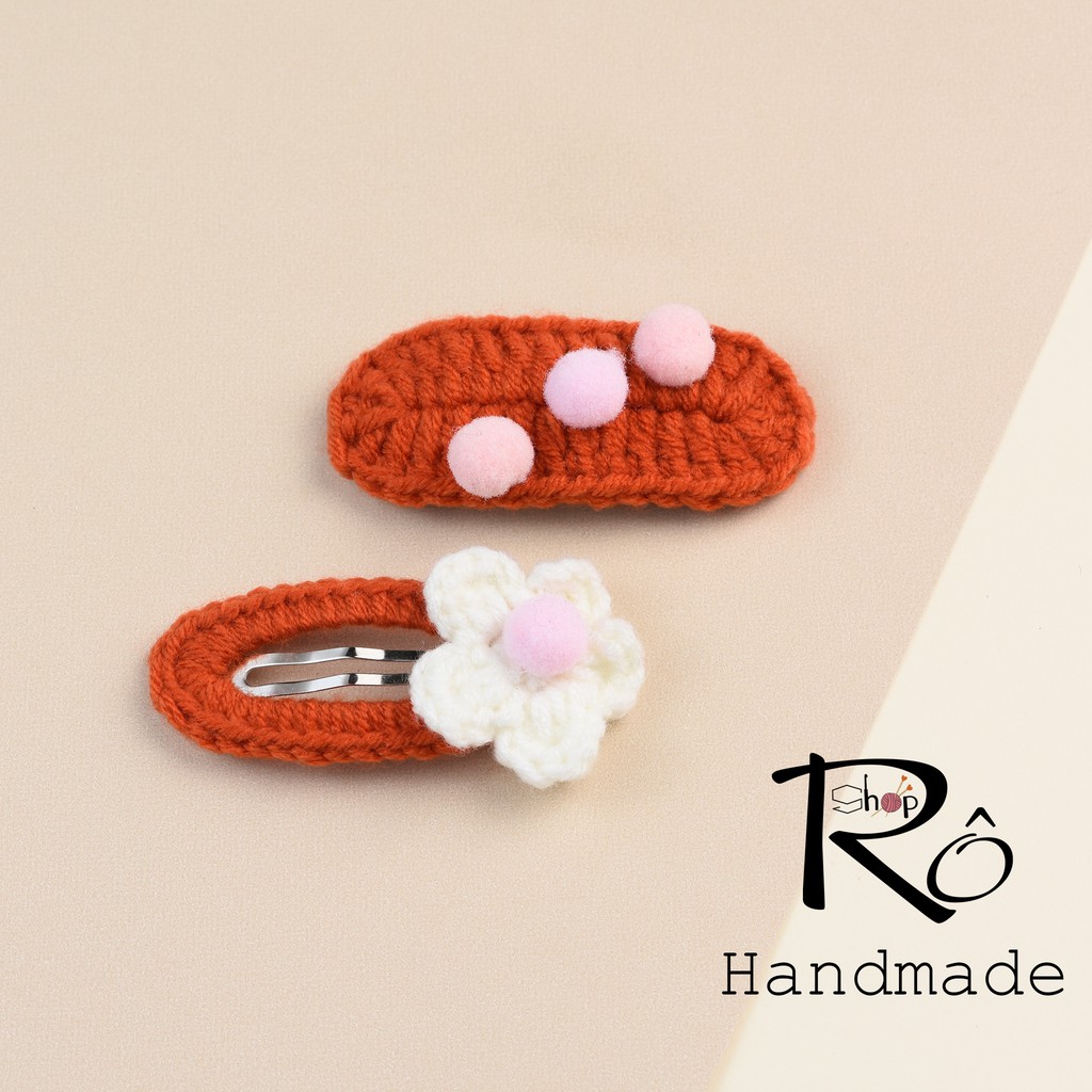 Set 2 kẹp tóc bông hoa nhỏ và pom pom cho nữ và bé gái 5cm |Cặp tóc len xinh xắn |Shop Rô Handmade - Ảnh 4