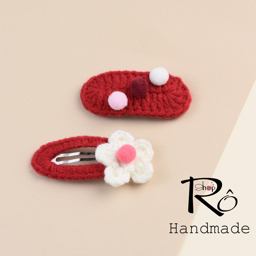 Set 2 kẹp tóc bông hoa nhỏ và pom pom cho nữ và bé gái 5cm |Cặp tóc len xinh xắn |Shop Rô Handmade - Ảnh 8