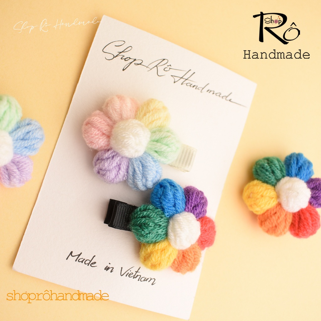 Kẹp tóc mái hoa len cầu vồng size to handmade cho nữ và bé gái siêu cute 4.5cm |Shop Rô Handmade - Ảnh 3