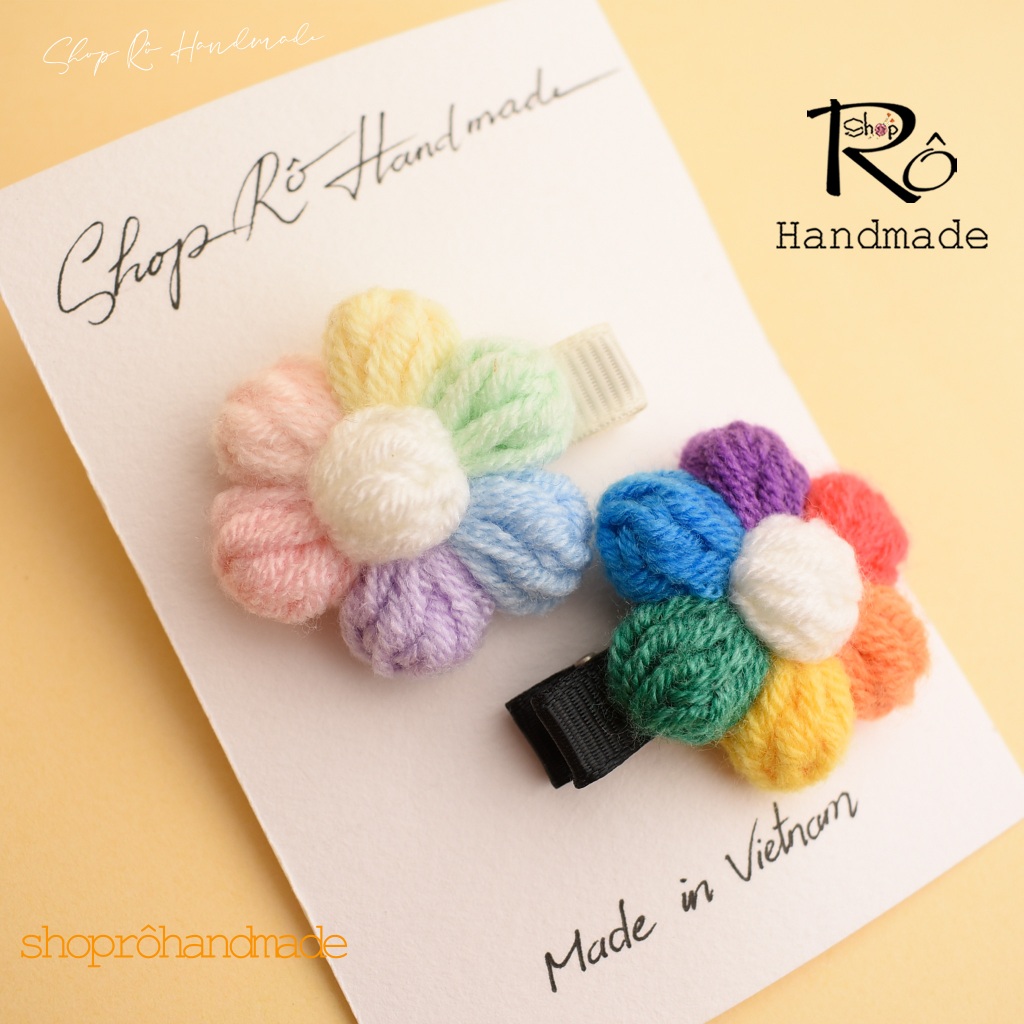 Kẹp tóc mái hoa len cầu vồng size to handmade cho nữ và bé gái siêu cute 4.5cm |Shop Rô Handmade - Ảnh 6